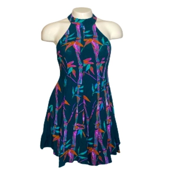KIMCHI BLUE Dark Green Multi-Color Floral Open Back Dress Small - Picture 1 of 10